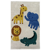 Children's rug with cartoon animals including a giraffe, elephant, lion, and crocodile on a beige background.